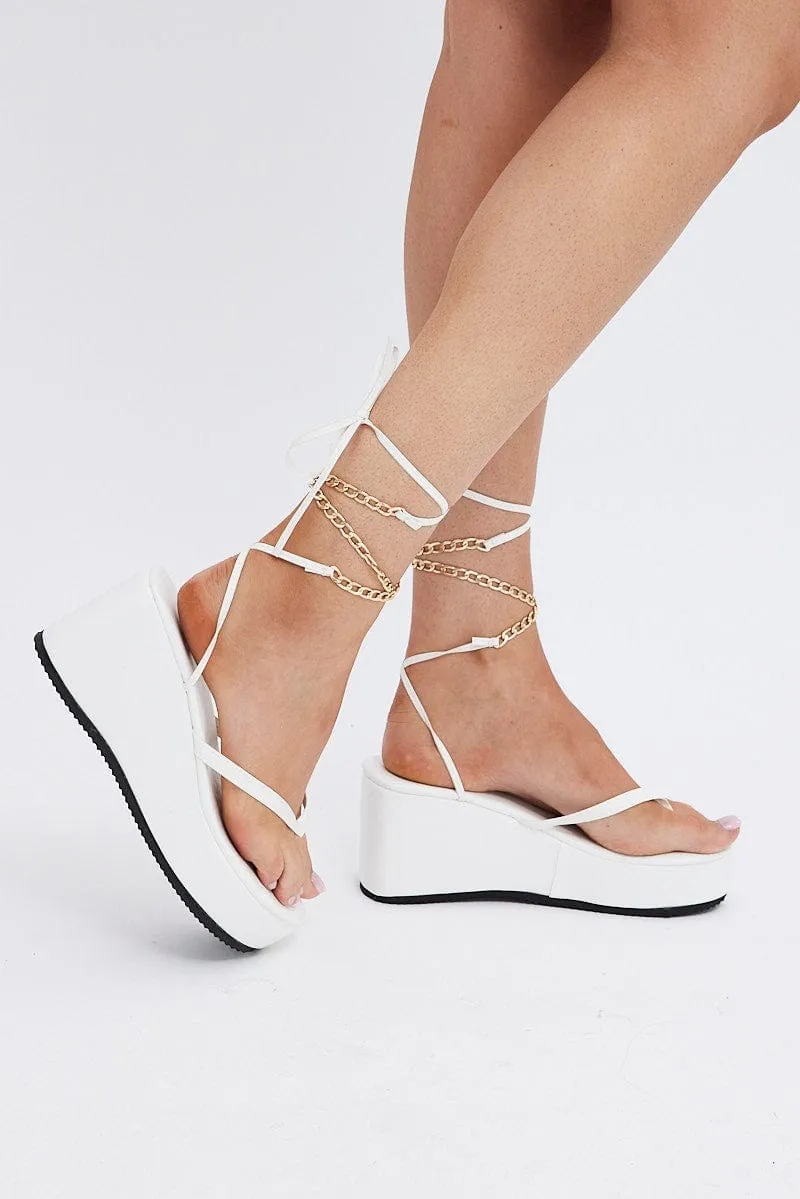 White Chain Decor Tie Leg Toe Post Wedge Thong Sandals