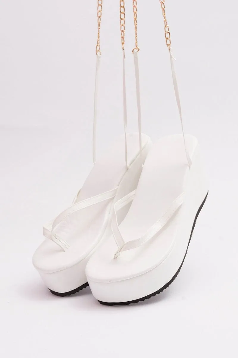 White Chain Decor Tie Leg Toe Post Wedge Thong Sandals