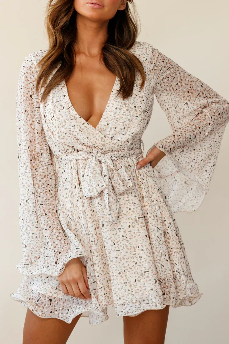 Zinnia Long Sleeve Lettuce Edge Dress Speckle Print Nude